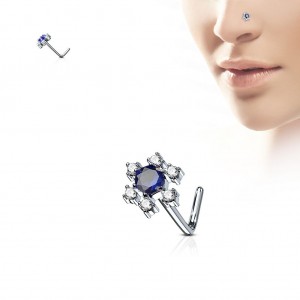 Zahnutý piercing do nosu, modré kamínky