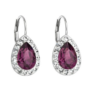 Stříbrné náušnice visací s krystaly Swarovski, Amethyst