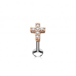 Zlacený piercing do brady křížek 1,2 x 8 mm, čiré zirkony