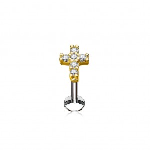 Zlacený piercing do brady křížek 1,2 x 8 mm, čiré zirkony