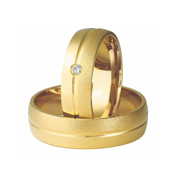 Snubní prsteny půlkulaté s kamínkem  žluté zlato šířka 4,50 mm matované