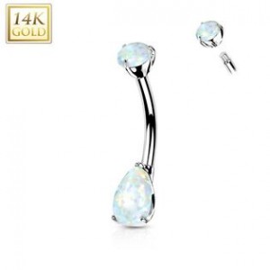 Zlatý piercing do pupíku - opál ve tvaru kapky, Au 585/1000