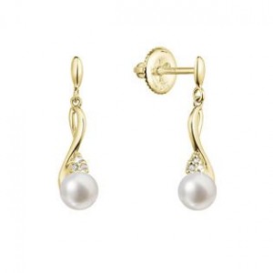 Zlaté 14 karátové náušnice visací s říční perlou a brilianty