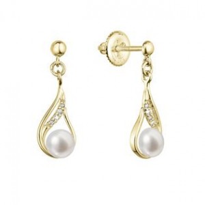Zlaté 14 karátové náušnice slza visací s říční perlou a brilianty