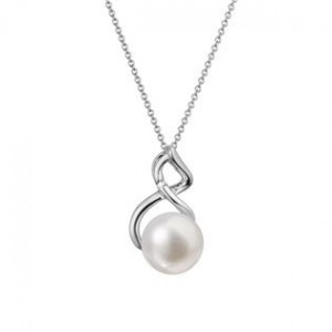 Zlatý 14 karátový náhrdelník bílé zlato s bílou říční perlou a briliantem