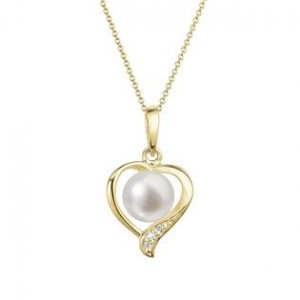 Zlatý 14 karátový náhrdelník srdce s bílou říční perlou a brilianty