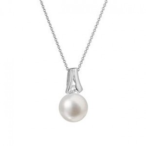 Zlatý 14 karátový náhrdelník bílé zlato s bílou říční perlou a briliantem