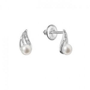 Zlaté 14 karátové náušnice bílé zlato s říční perlou a brilianty