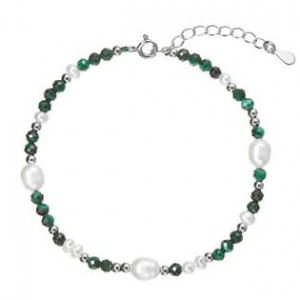 Stříbrný náramek s perlami a malachity