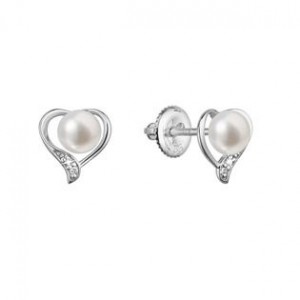 Zlaté 14 karátové náušnice srdce bílé zlato s říční perlou a brilianty