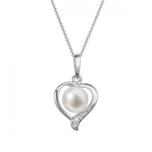 Zlatý 14 karátový náhrdelník srdce bílé zlato s bílou říční perlou a brilianty